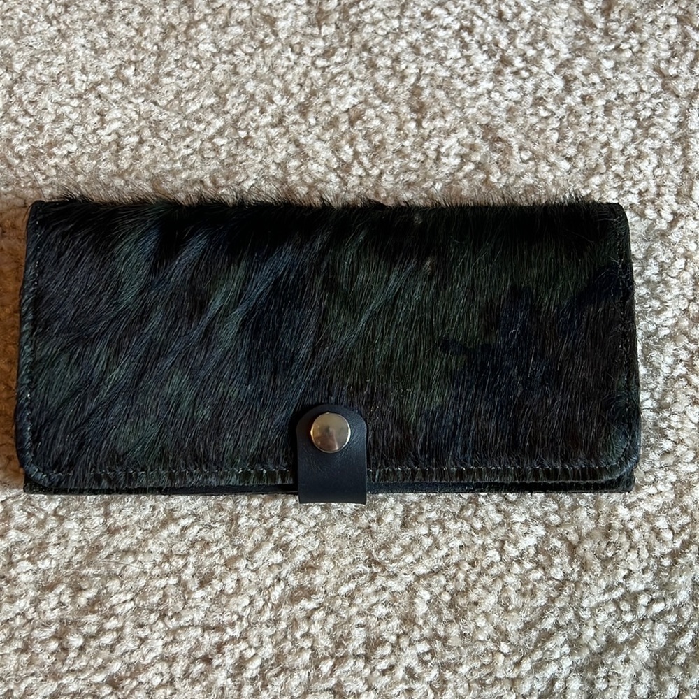 Camo camouflage cow hair hide snap wallet leather black green handmade